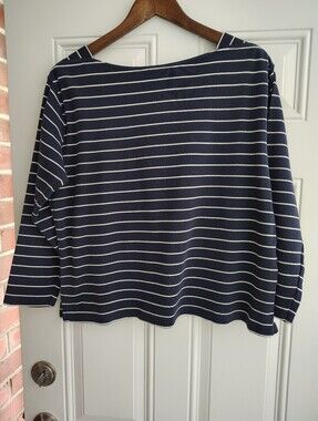 Vintage Lands' End Mariner Stripe Boatneck Top Medium Navy Blue Cotton Knit 90s